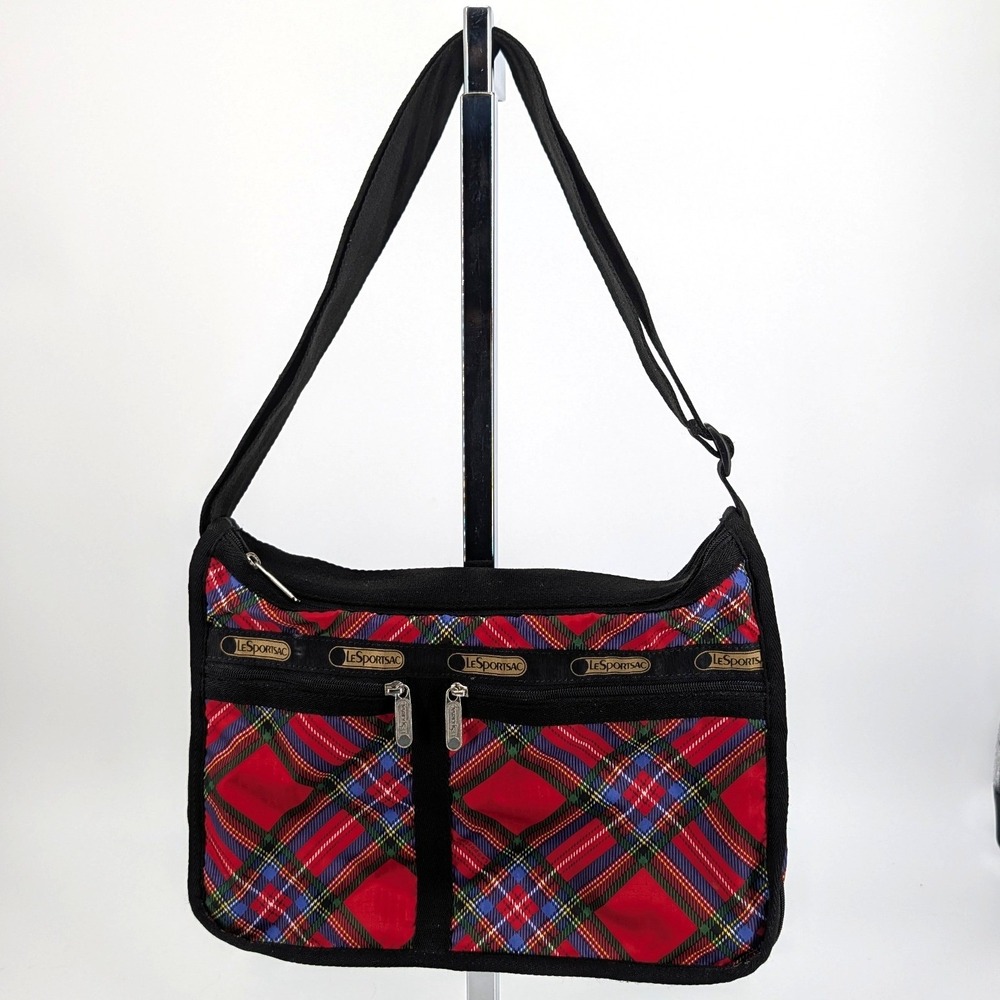 LeSportsac Deluxe Everyday Bag Red Plaid Tartan Nylon Crossbody Messenger - Picture 3 of 7